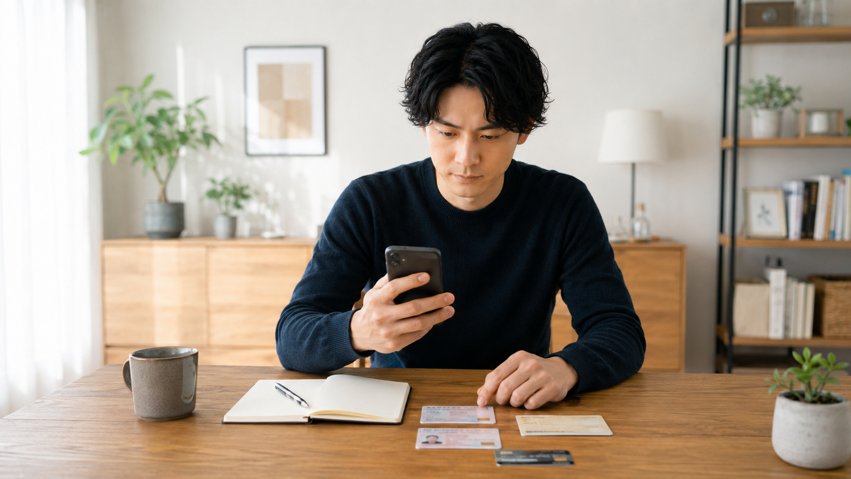 キャストポータルのWEB登録前に本人確認書類とスマートフォンを確認する会社員