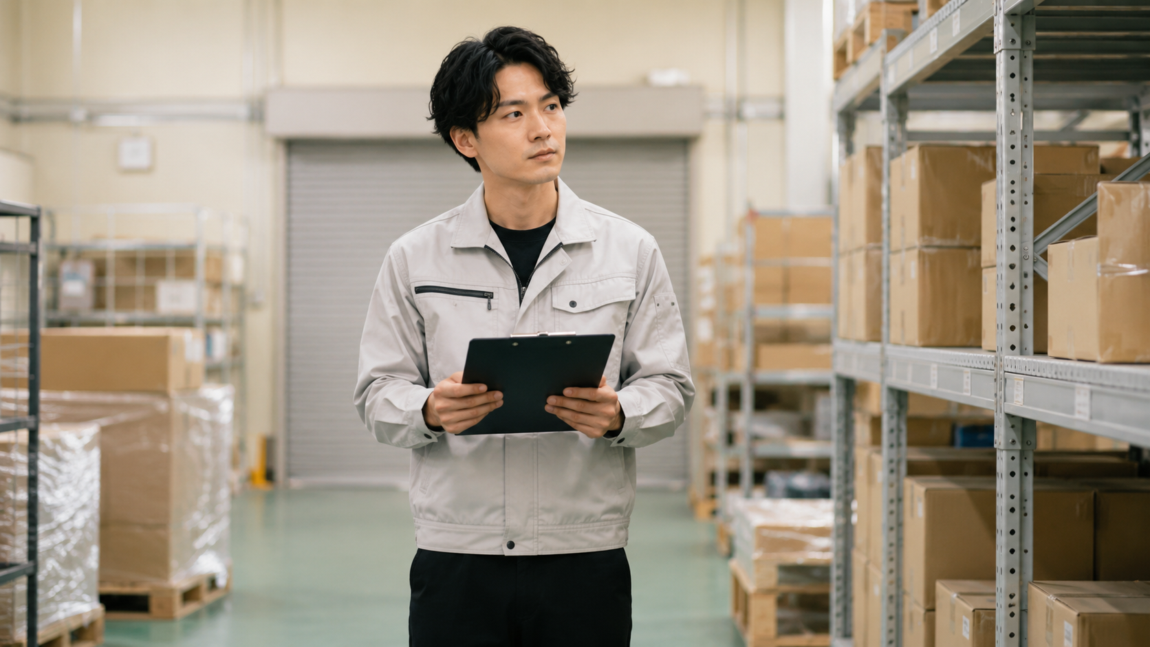 倉庫の単発バイト現場で仕事内容をスマートフォンから確認する会社員